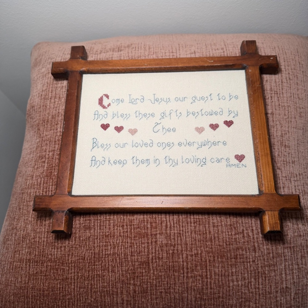 Vintage Framed Cross Stitch Come Lord Jesus Dinner Prayer Sampler Farmhouse - Picture 2 of 12